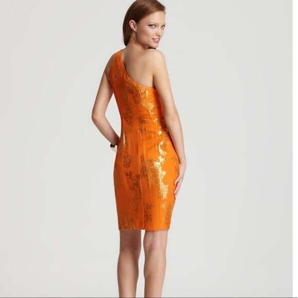 David Meister Silk Metallic Foiled Floral One Shoulder Orange Party Dress 6 - Picture 2 of 9